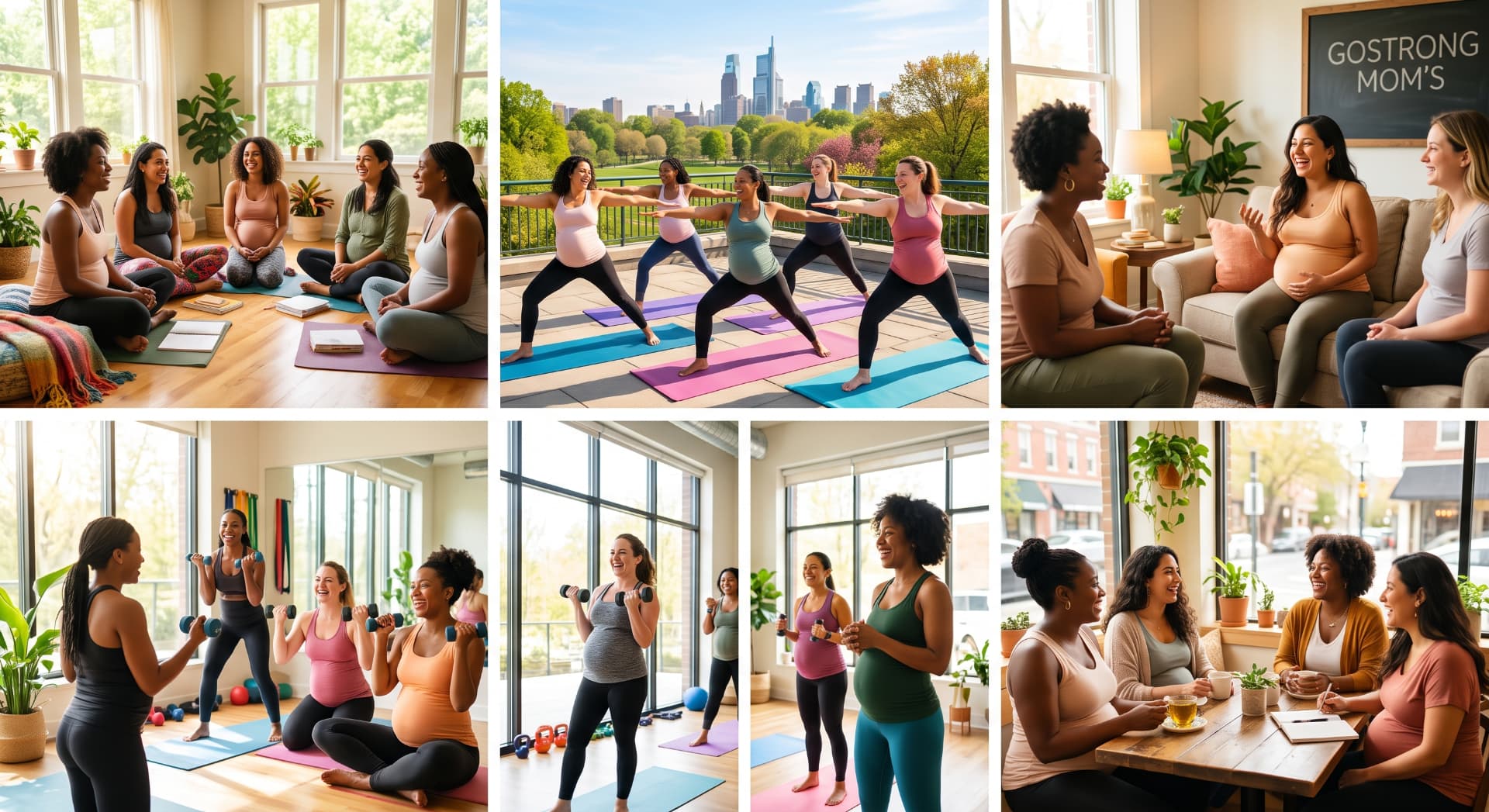 Collage of mothers sharing community conversations, mindfulness, and group movement